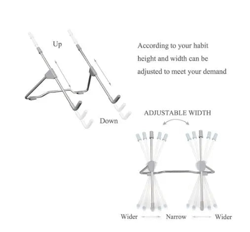 Grey aluminium mobile phone stand in folded and extended positions showing adjustable angle mechanism