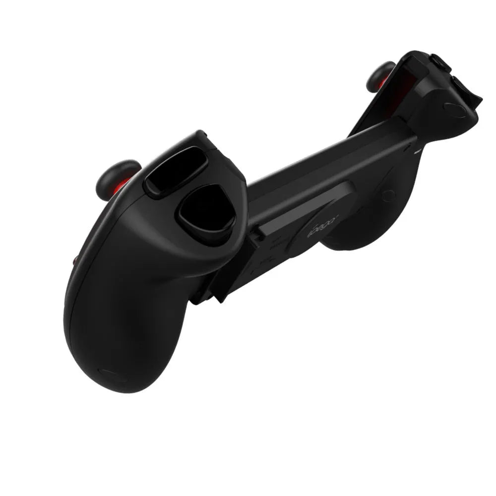 Red telescopic gamepad controller extended to hold a mobile phone with Bluetooth and USB connectivity options