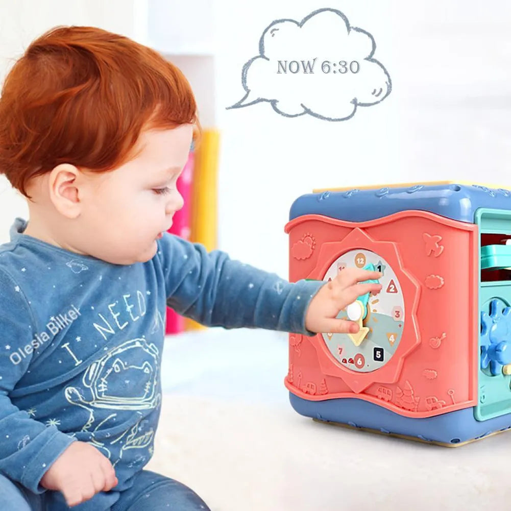Baby hexahedron educational toy with six different games including bead maze and clock cognition