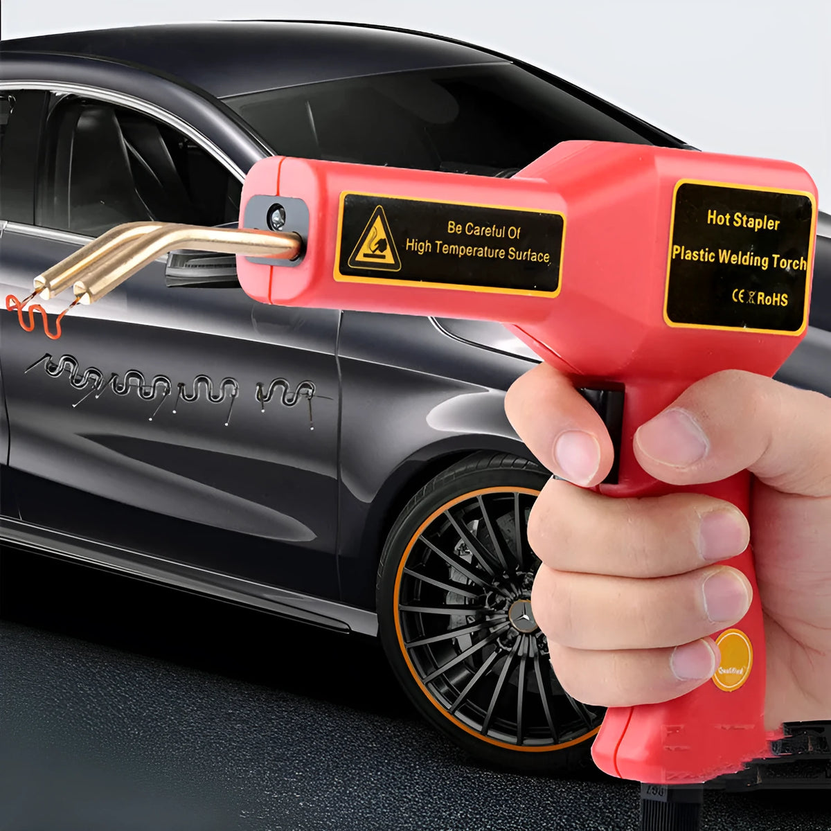 CR-307 model plastic welding gun with LED light and power cord for car bumper repair.