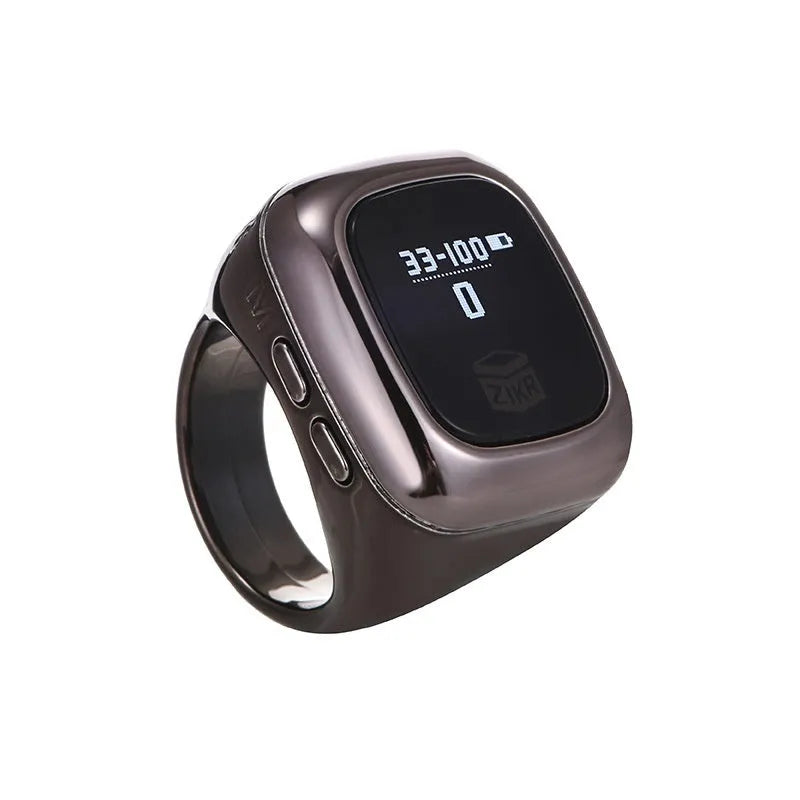 Electronic counter with digital display on a wristband, shown in multiple colour options.