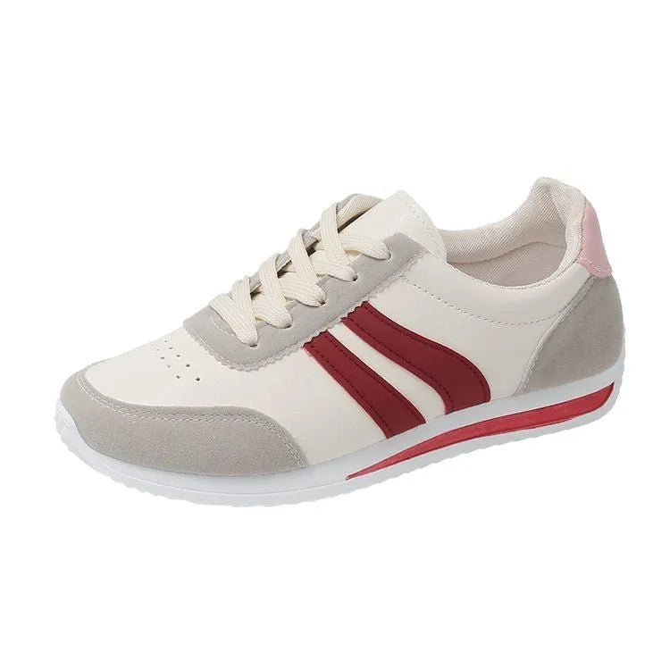 Red and blue low-top lace-up casual sneakers with a PU mesh upper and rubber sole.