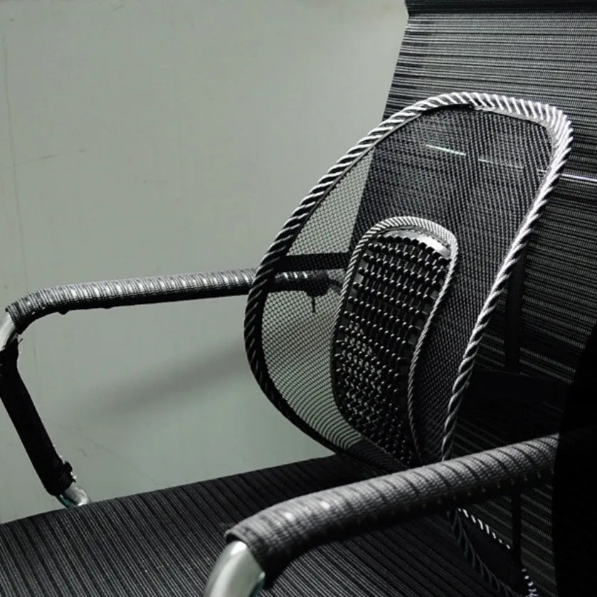 Black leather car lumbar support pillow showing steel frame structure and 41x39 cm dimensions