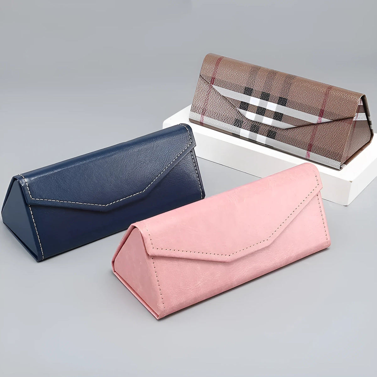 Handmade stitching PU cowhide triangle folding glasses case in 160x66x16mm size