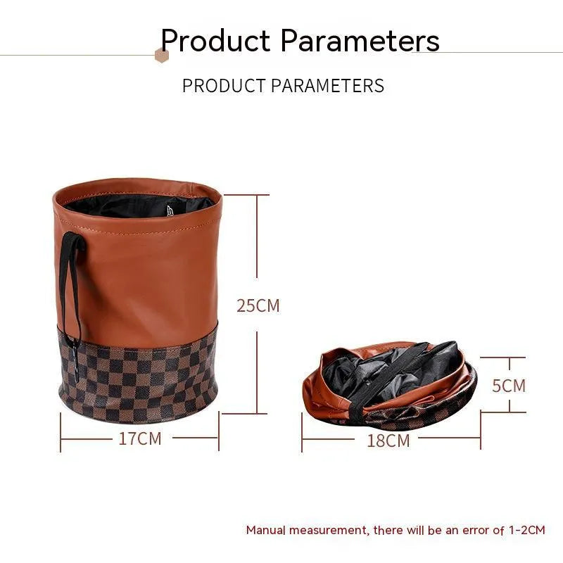 A leather interior car trash can shown in a folded and unfolded state.
