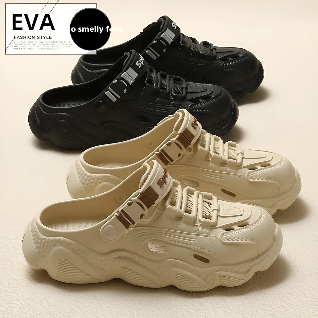 Men's khaki and black outdoor slippers with hollow-out patterned EVA soles for breathability.