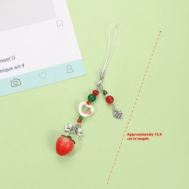 Plastic resin fruit personality mobile phone keychain with apple or strawberry designs