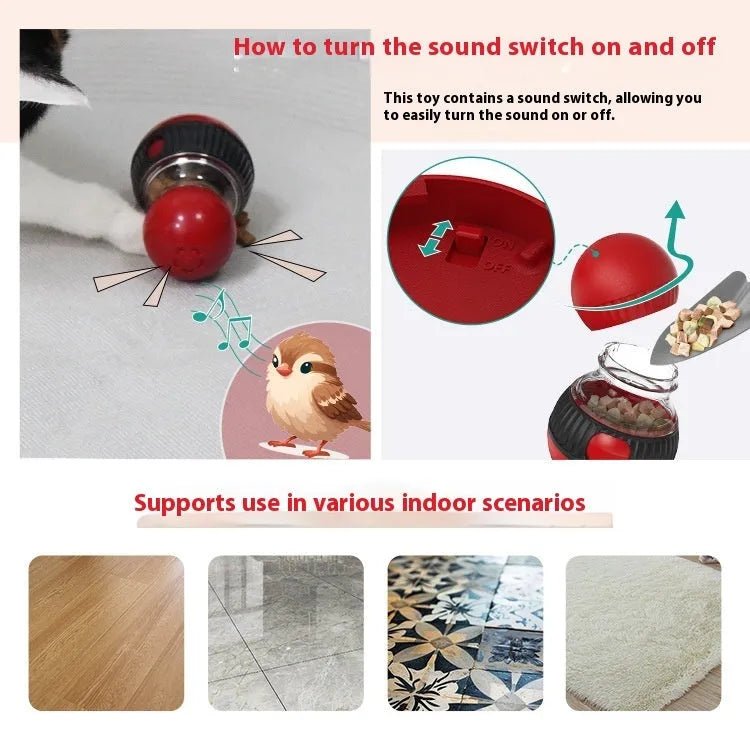 Rotating plastic cat toy with food dispensing ball showing sound effects feature and compact design