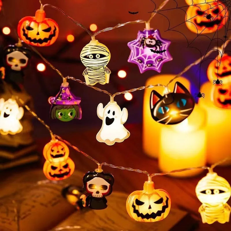 Halloween LED string lights with PVC pumpkin ghost bat skull covers, battery box, warm white, IP43, indoor outdoor use