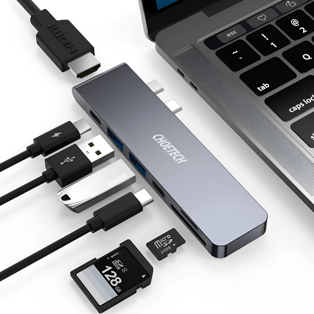 Aluminium alloy USB-C hub adapter with SD card reader, HDMI, USB 3.0 ports and Power Delivery charging