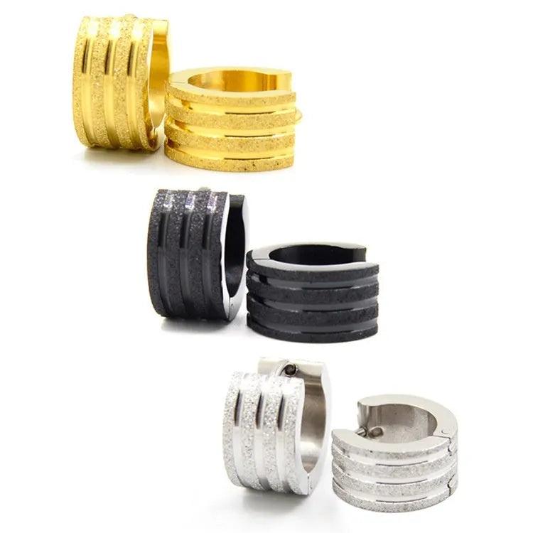 Three-line geometric frosted titanium steel earrings with Korean style electroplated finishes in steel, black or gold