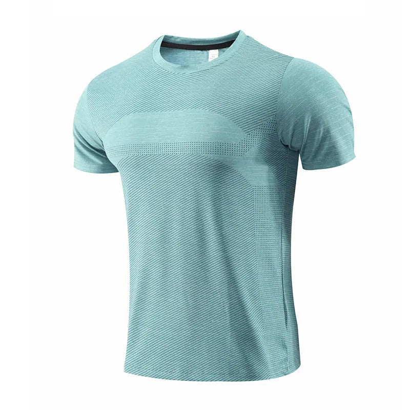 Short sleeve running T-shirt in polyester spandex fabric on a size chart showing S to 4XL.