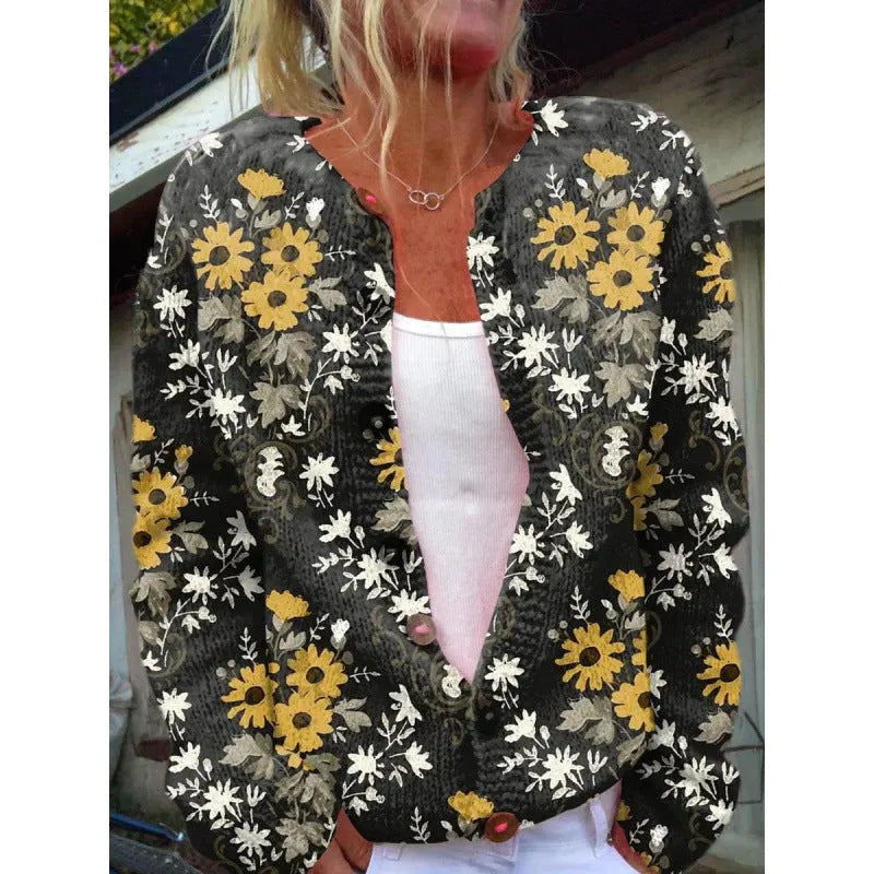 Yellow knitted cardigan coat with digital printed 3D pattern effect, open front design with regular sleeves