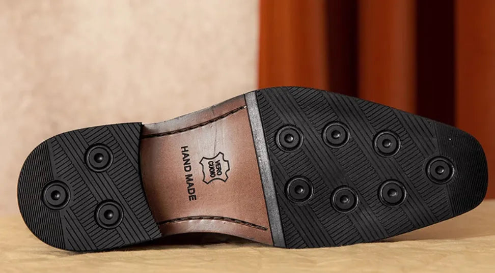 Men's black genuine leather loafers with fringed design and rubber sole