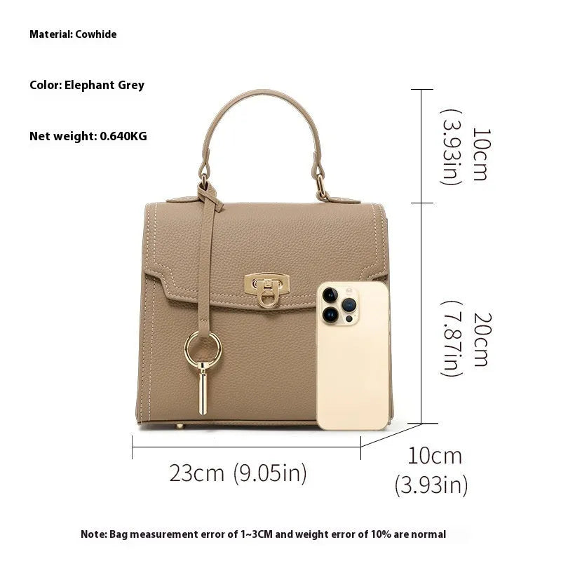 Elephant grey vintage lock handbag with litchi pattern cowhide leather and double shoulder straps