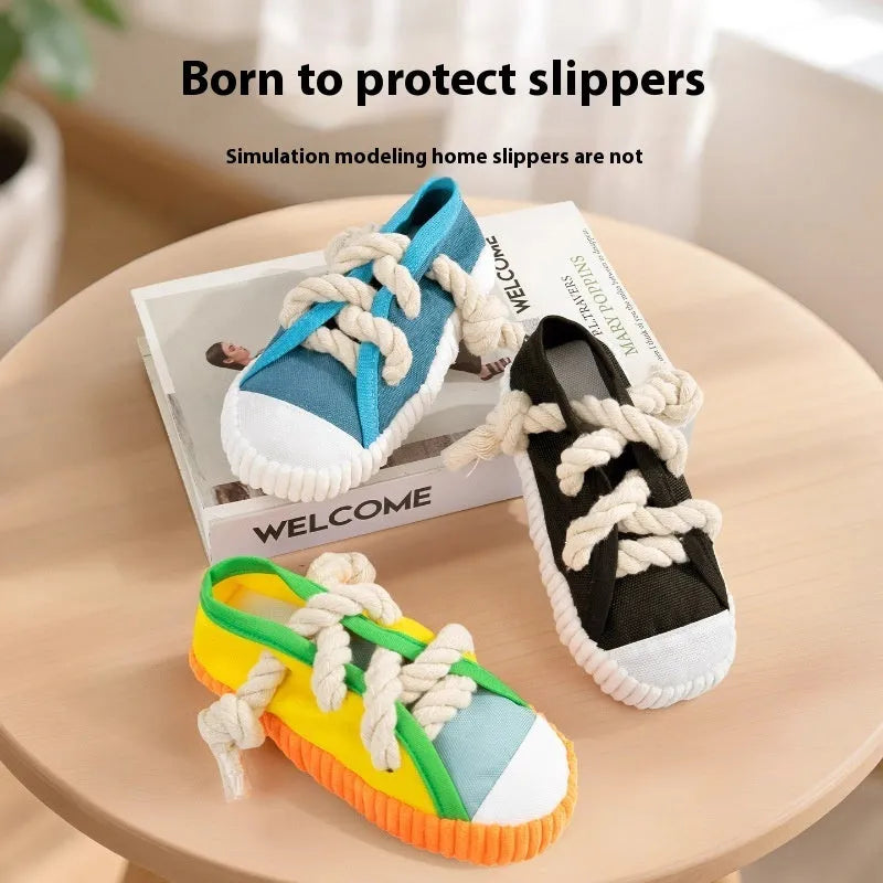 Plastic sound slippers dog chew toy in yellow with flexible bendable design