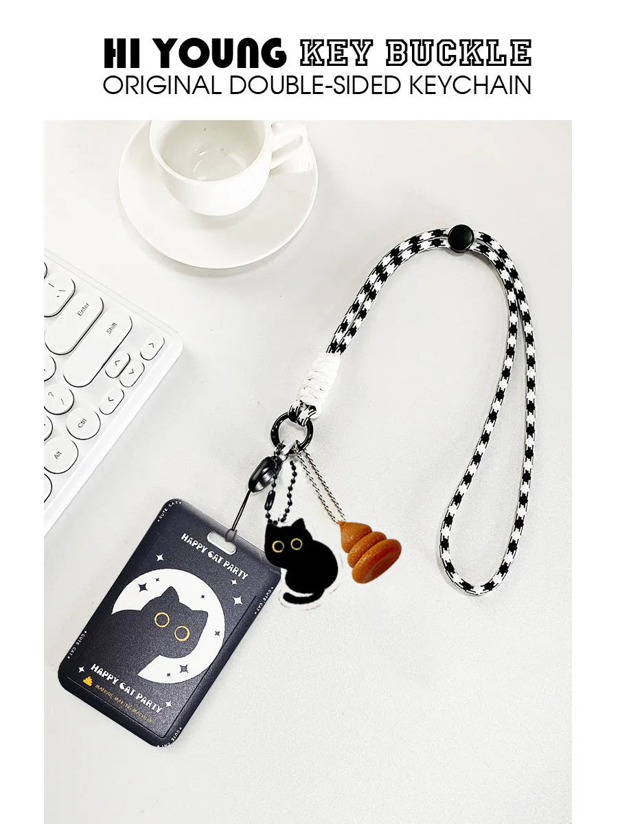 Plastic card holder with black cat cartoon design and ferrule pendant for bus, subway and student ID cards