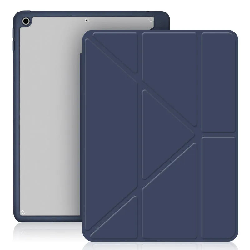Acrylic Y-folding soft imitation leather iPad case in multiple colours, showing stand function and pen slot.