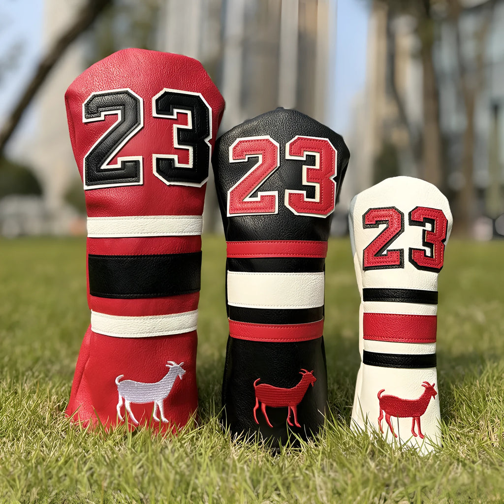 Set of PU golf club head covers in red, black, white, and yellow colours.