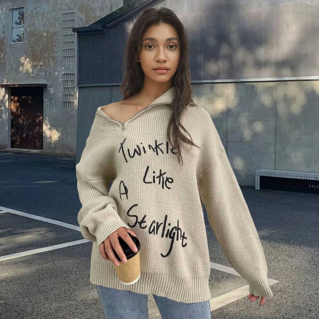 Women's light khaki alpaca wool retro turtleneck sweater with oblique zipper and text pattern