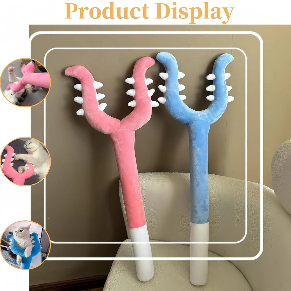 70cm blue plush cat wand toy with foam-filled front for interactive indoor play