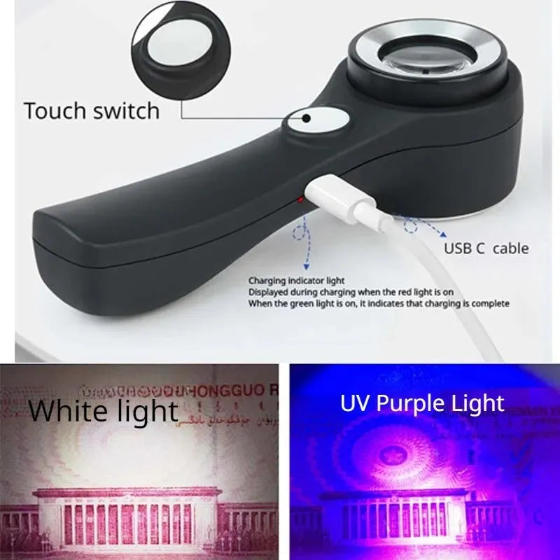 Black aluminium magnifying glass with optical lens and USB-C cable for jewellery appraisal