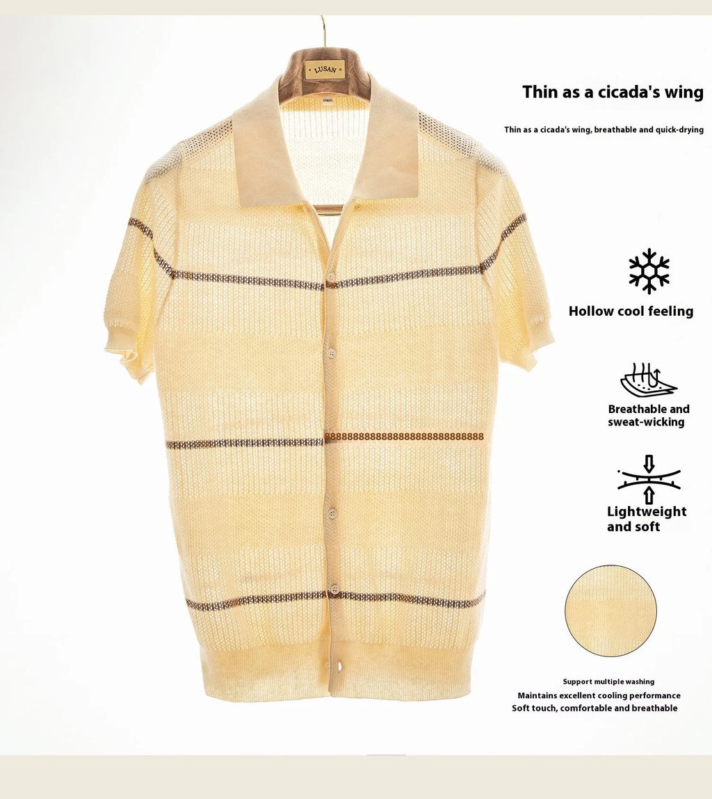 Camel coloured cotton linen blend short sleeve cardigan with lapel collar laid flat