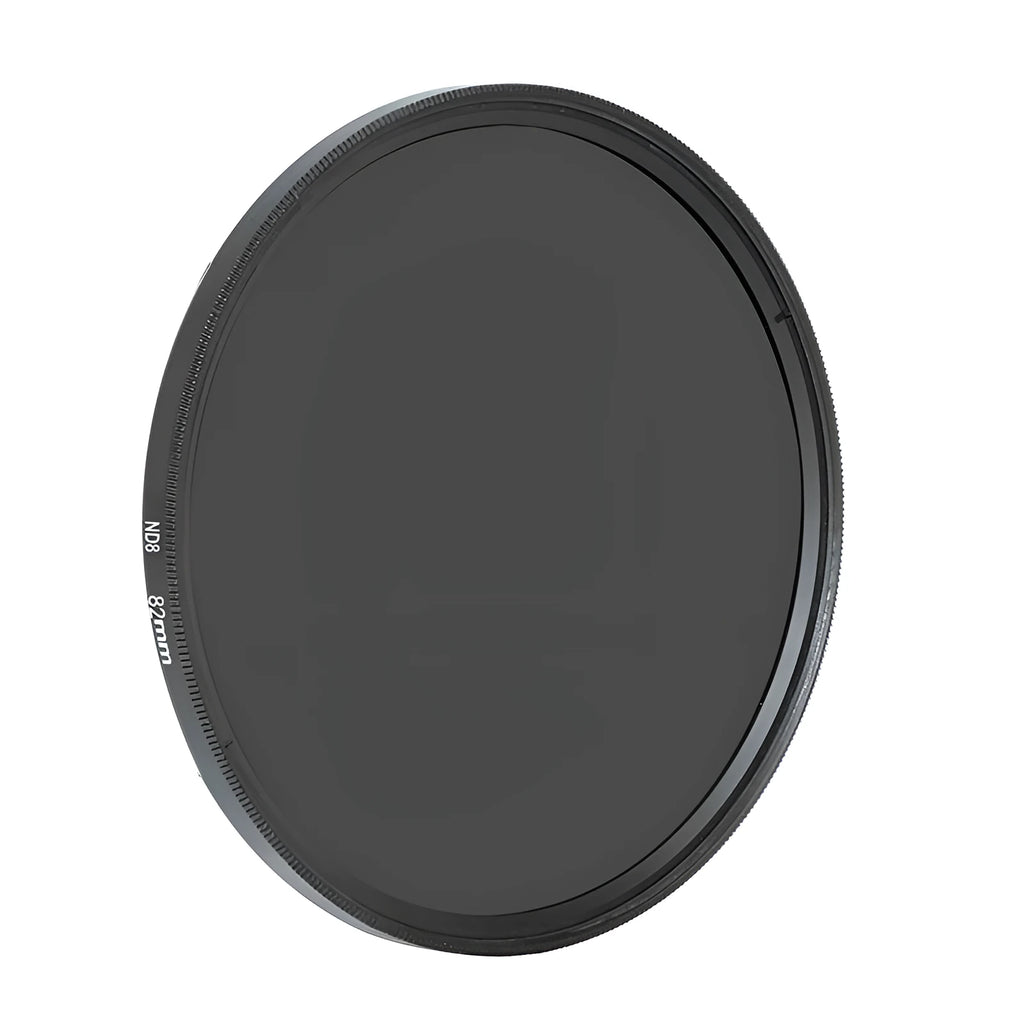ND8 neutral density camera filter with silver aviation aluminium frame for lens attachment.