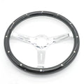 Black 15-inch wood steering wheel with six mounting holes for classic cars