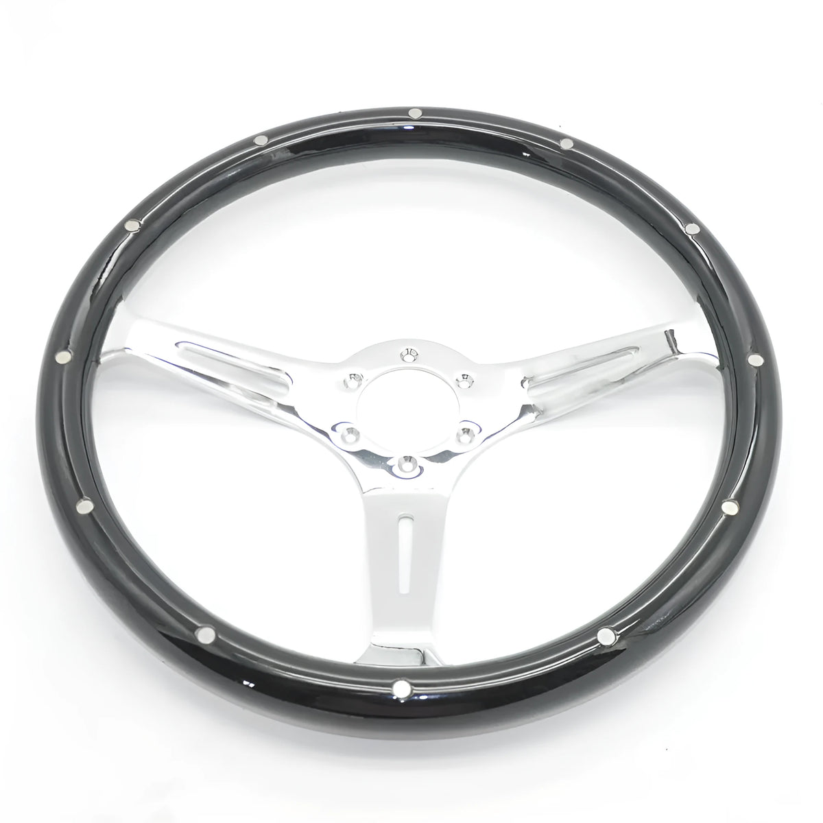 Black 15-inch wood steering wheel with six mounting holes for classic cars