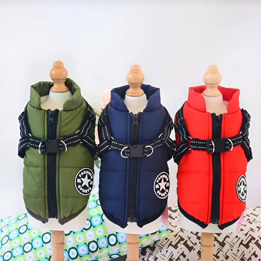 Waterproof rain silk dog winter coat with harness hole in navy blue for large breeds