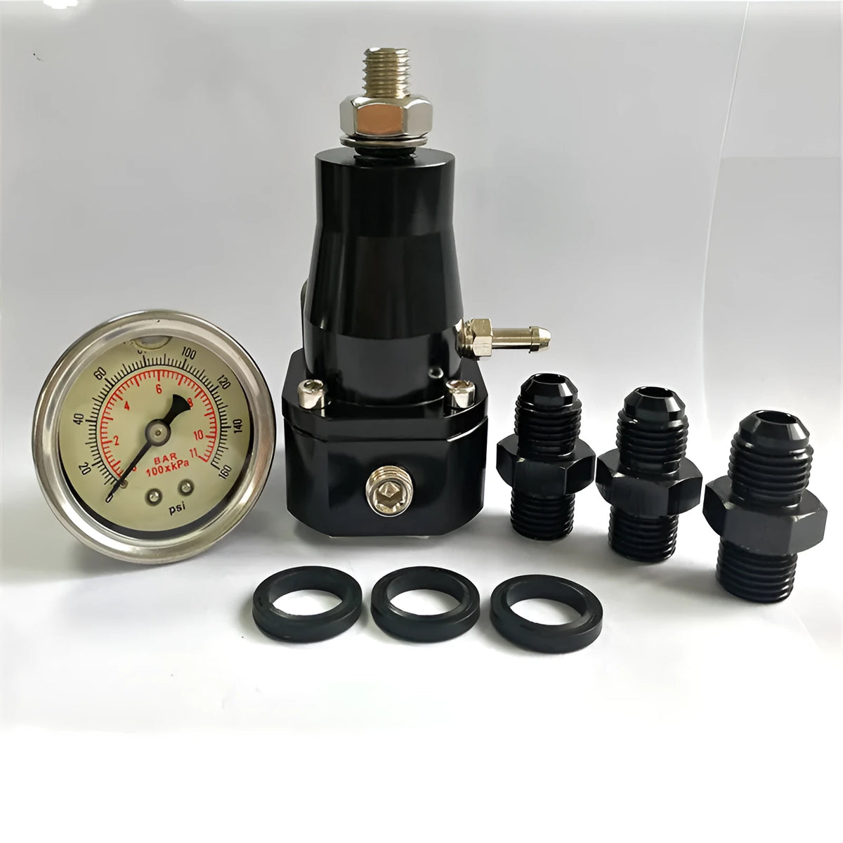 Black CNC aluminium fuel pressure regulator with adjustable 30-70psi range and oil strap for mounting