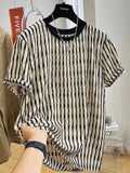 Men's black striped loose fit short sleeve shirt in silk linen fabric on size chart