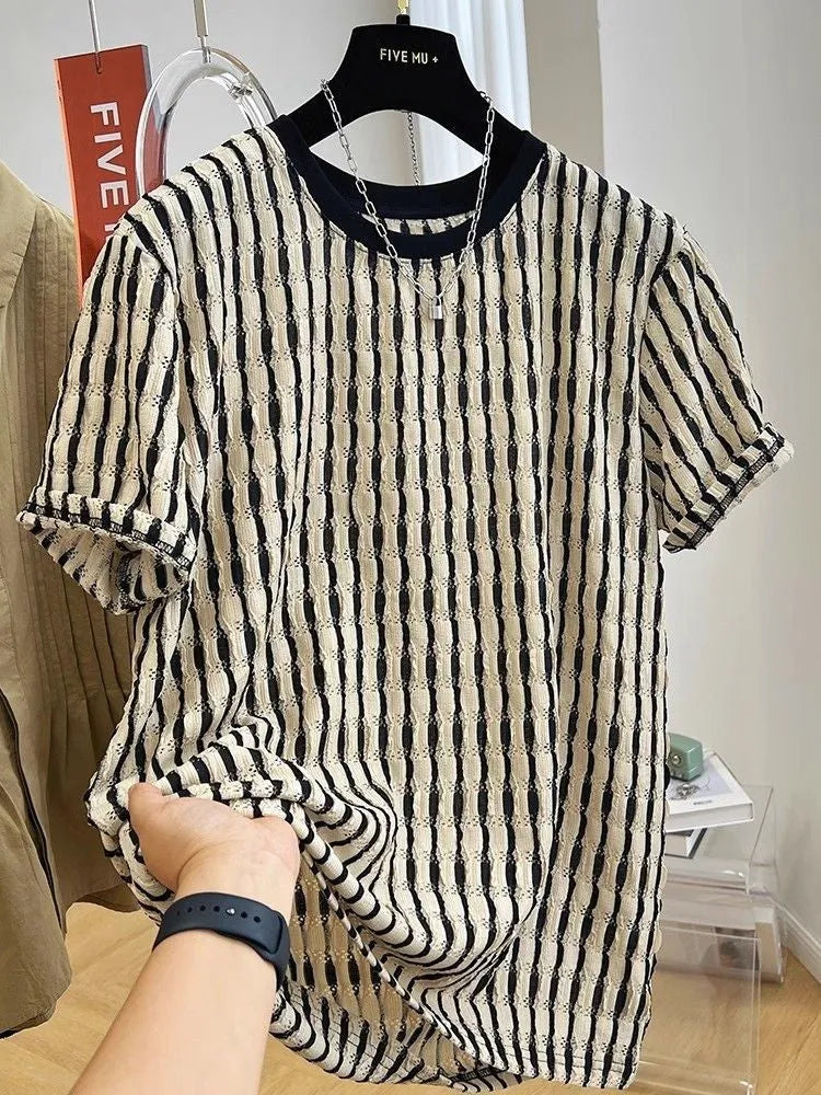 Men's black striped loose fit short sleeve shirt in silk linen fabric on size chart