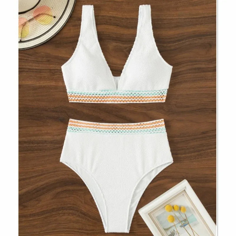 Women's high waist solid colour bikini set in white and pink options