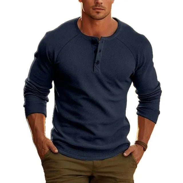 Men's long sleeve henry collar t-shirt in white, black, and navy blue on a size chart