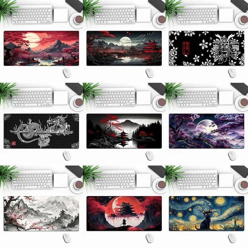 Large black anime gaming mouse pad with detailed graphics on smooth cloth surface