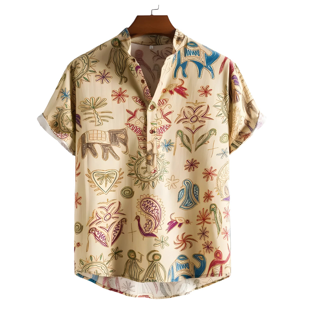 Plus size man wearing a loose fit casual shirt with a 3D digital printed pattern, cardigan style.
