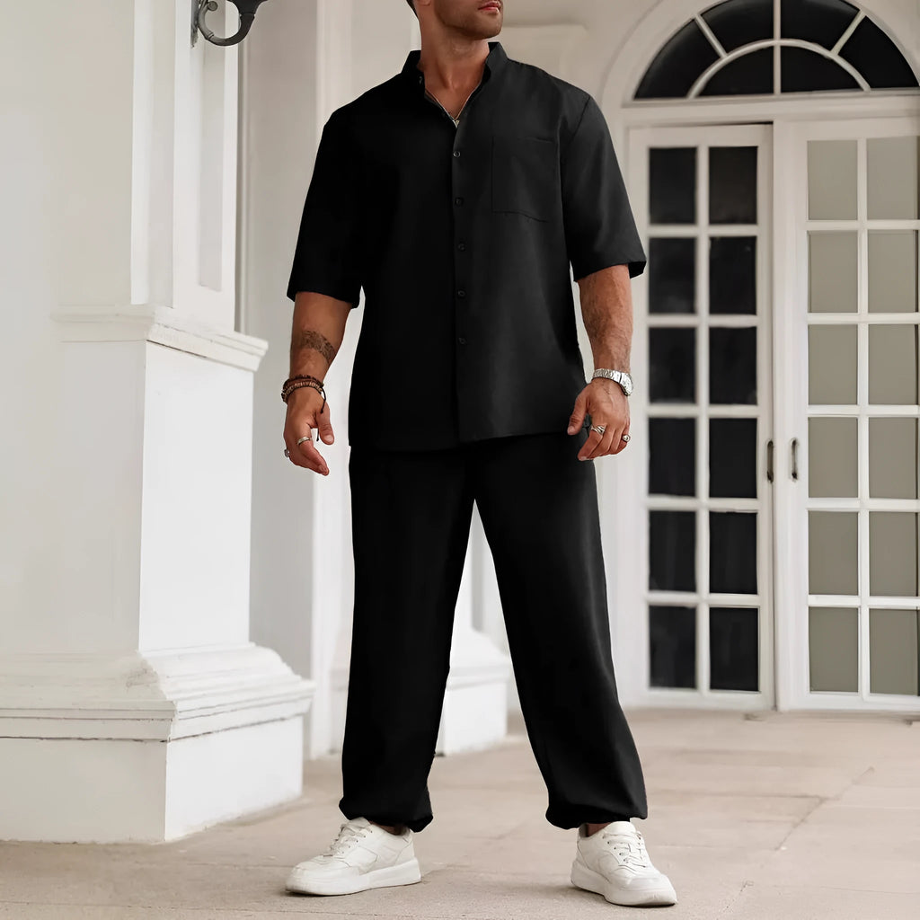 Men's casual short-sleeved shirt and trousers set in cotton linen blend fabric