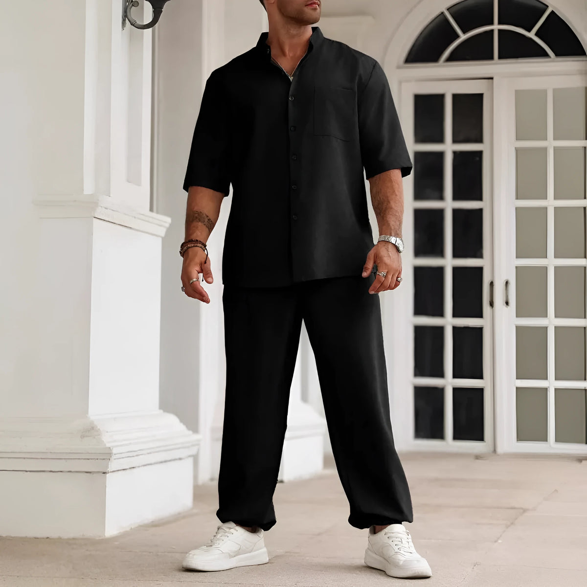 Men's casual short-sleeved shirt and trousers set in cotton linen blend fabric