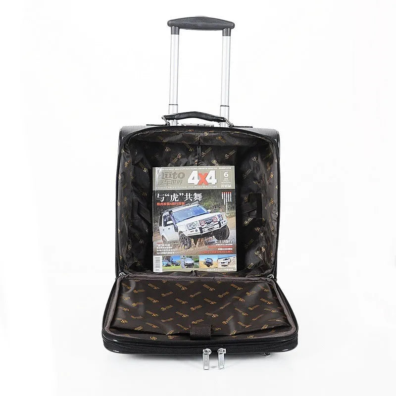 18 inch black PU leather business case with wheels and lockable closure