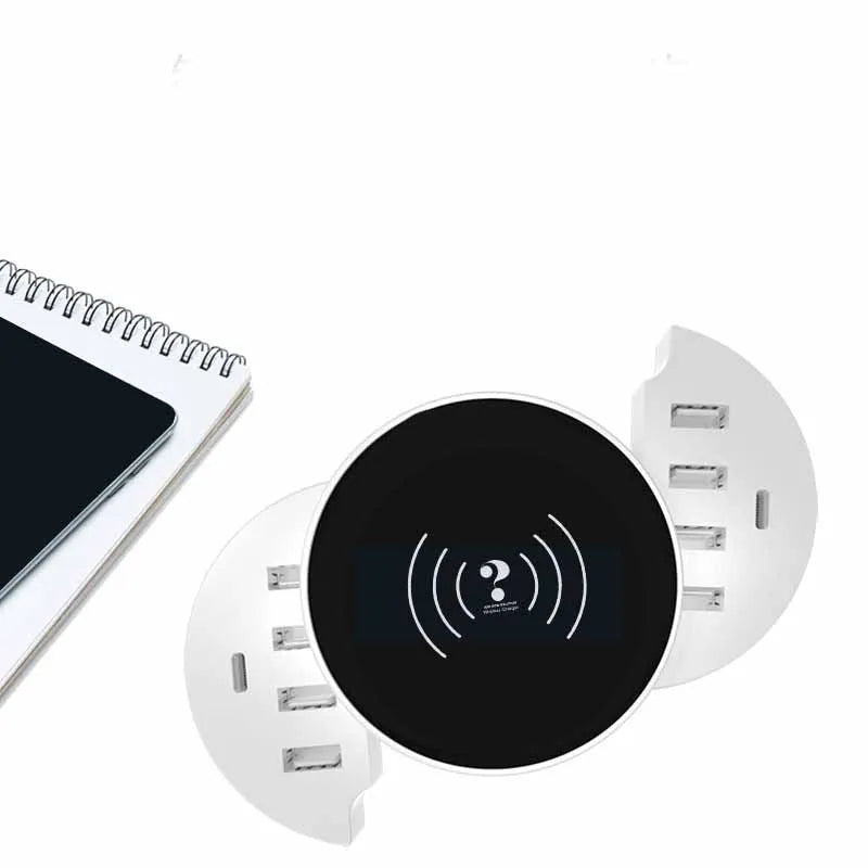 Ceramic white circular wireless charger with UK plug adapter and multiple USB ports