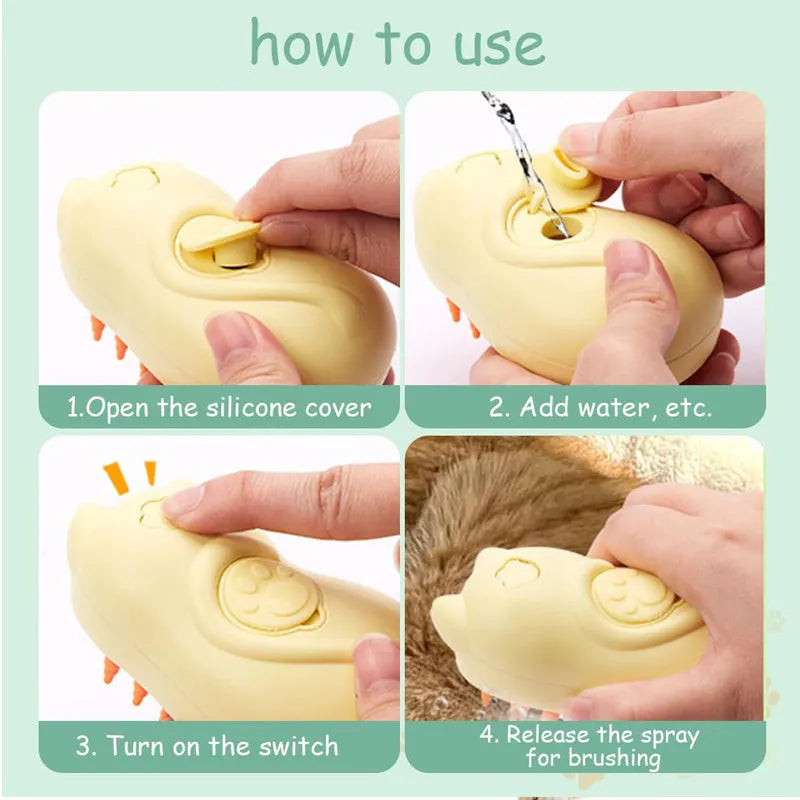 A 3-in-1 steam pet grooming brush for removing tangled hair from cats and dogs.