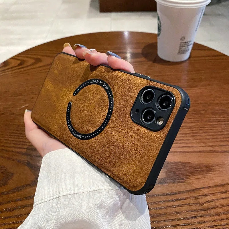 Business magnetic charging iPhone case in imitation leather with anti-fingerprint coating