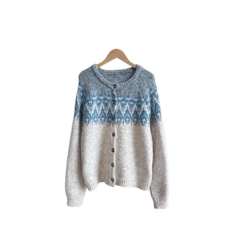 Women's contrast colour jacquard thick sweater coat in loose free size fit.