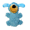 Blue plush dog-shaped squeaky toy for puppies and dogs, soft fabric with cheerful face