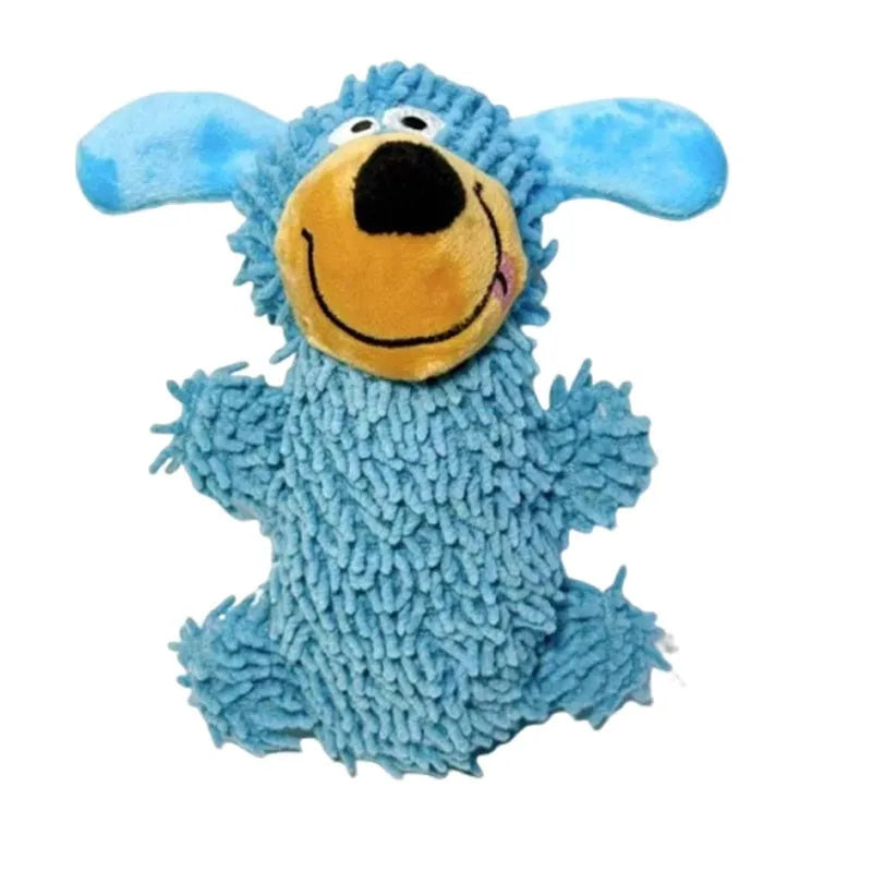 Blue plush dog-shaped squeaky toy for puppies and dogs, soft fabric with cheerful face