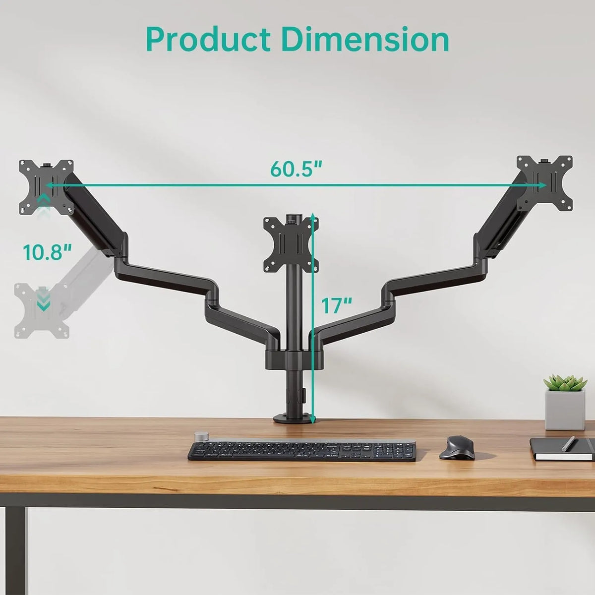 Black three-arm gas spring monitor mount for 27-inch computer screens with aluminium alloy construction