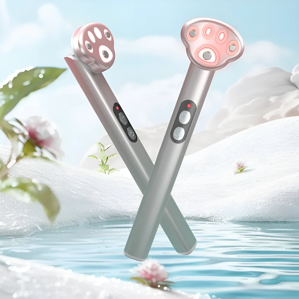 Gradually varied pink gradient eye massager with micro-current vibration and colour light therapy functions