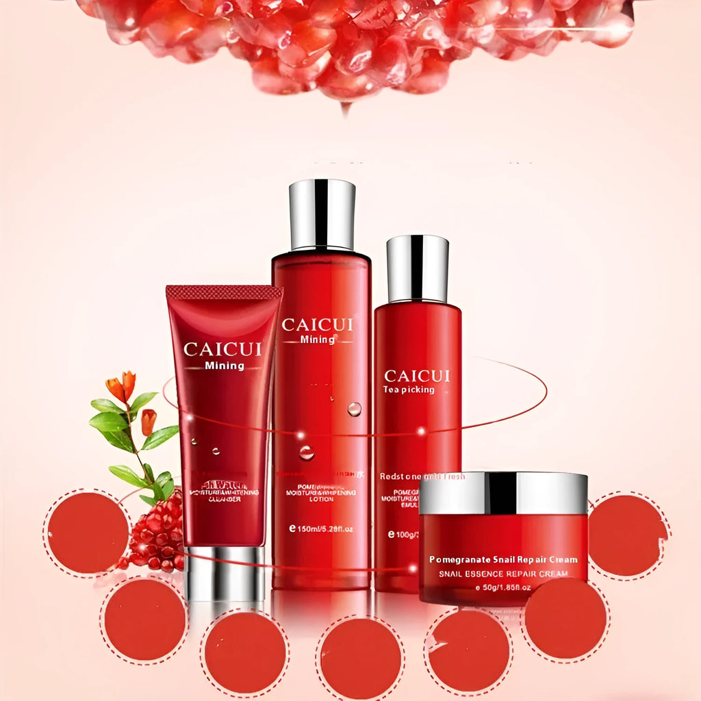 Pomegranate skincare set containing face wash, toner, lotion and facial cream in red packaging.